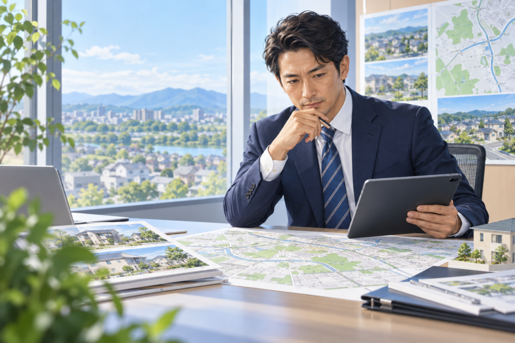 土地資料を確認する不動産営業経験者の採用イメージ